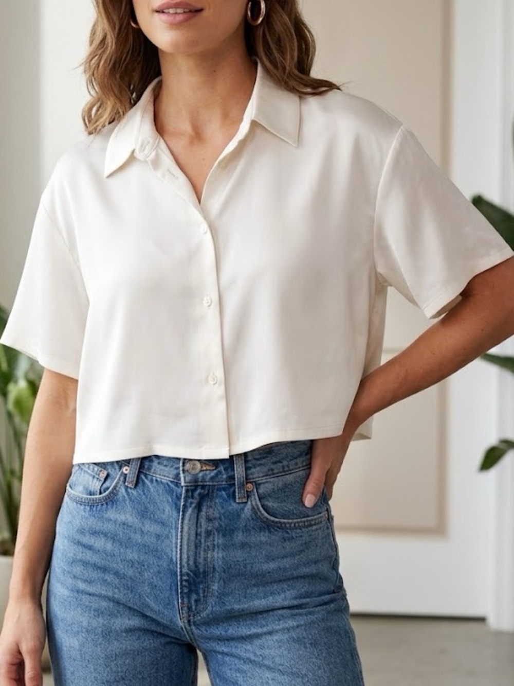 Abercrombie & Fitch Satin Cropped Boxy Button Down in Ivory